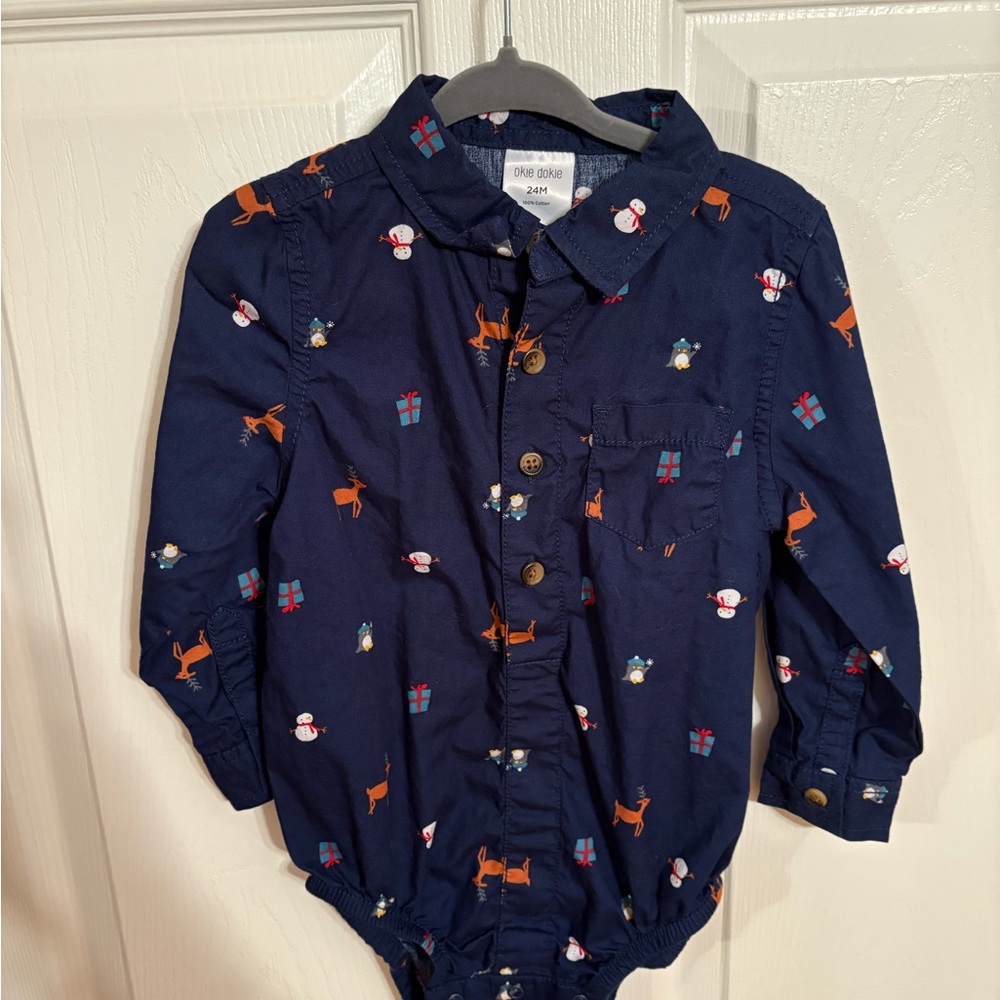 Okie Dokie Navy Festive Print Kids Button Down Shirt